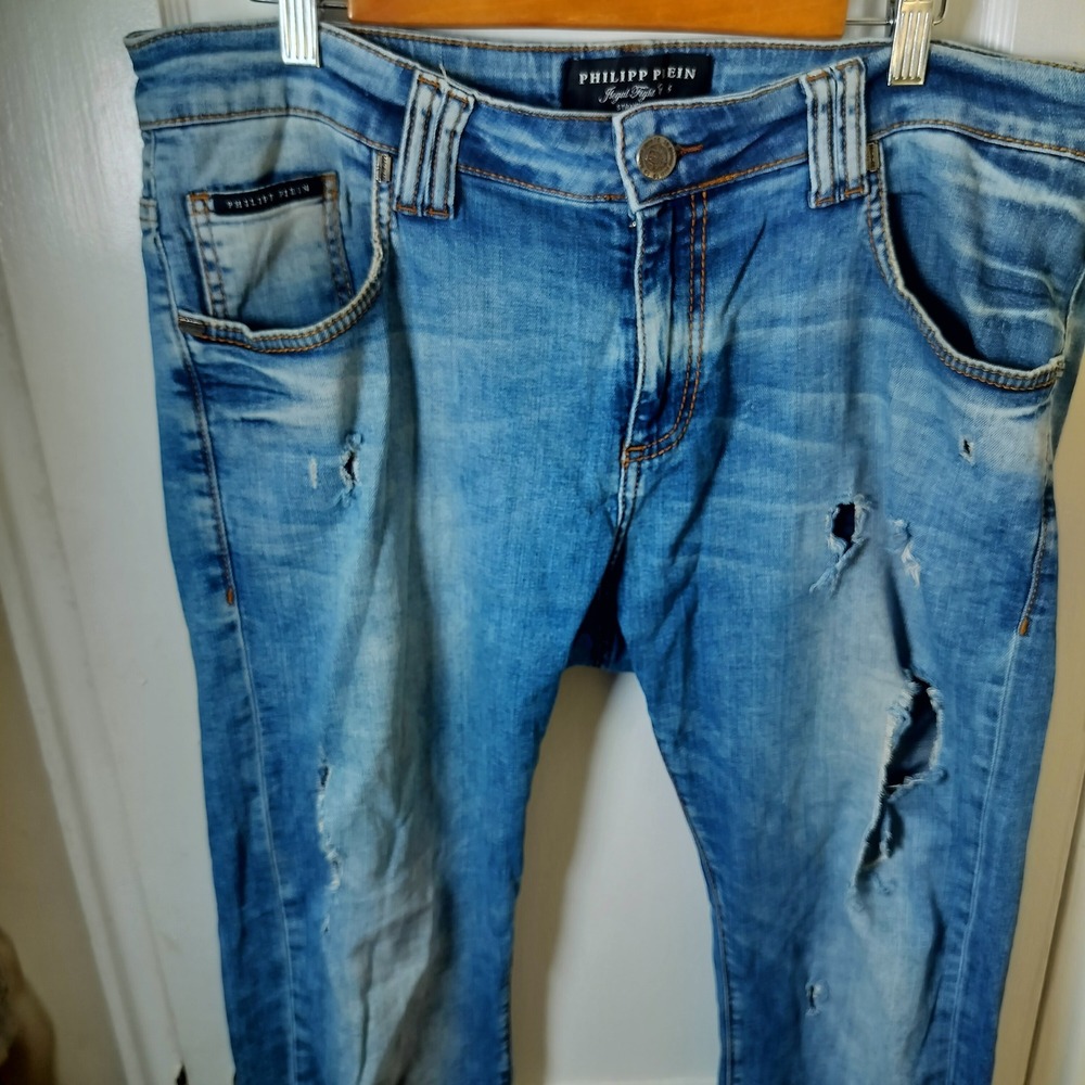 Philipp‎ Plein Illegal Fight Straight Cut Distressed Blue Jeans Mens Light Wash